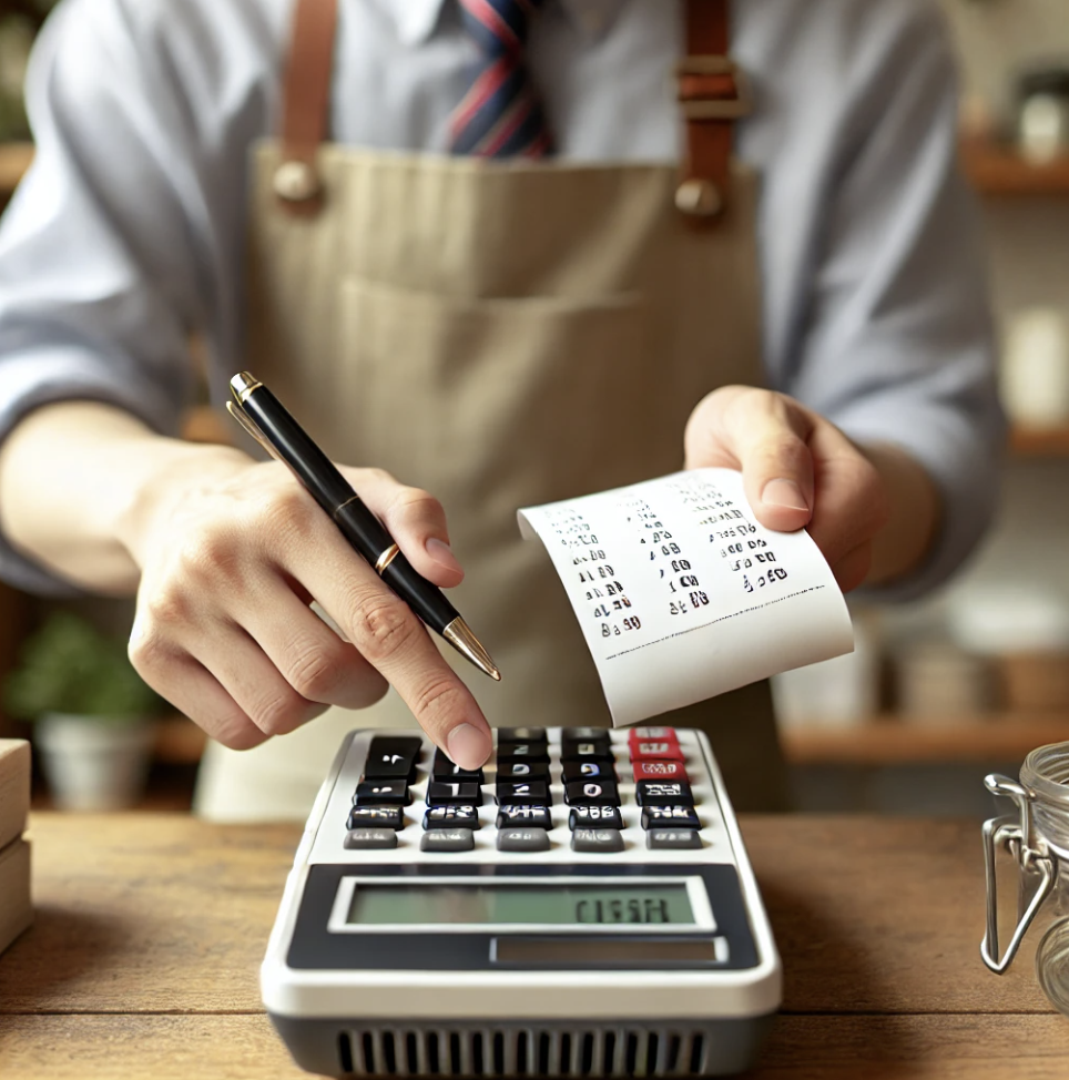 판매 기록을 확인하는 상점 주인의 모습.