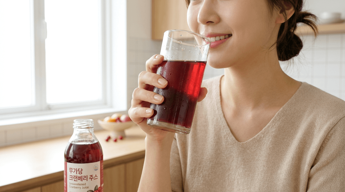 밝은 아침 주방에서 무가당 크랜베리 주스를 마시며 미소 짓는 여성의 모습