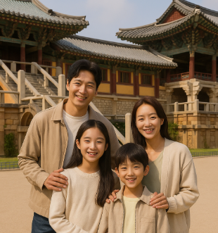 경주 한옥이 있는 곳에서 관광하며 기념 촬영하는 모습