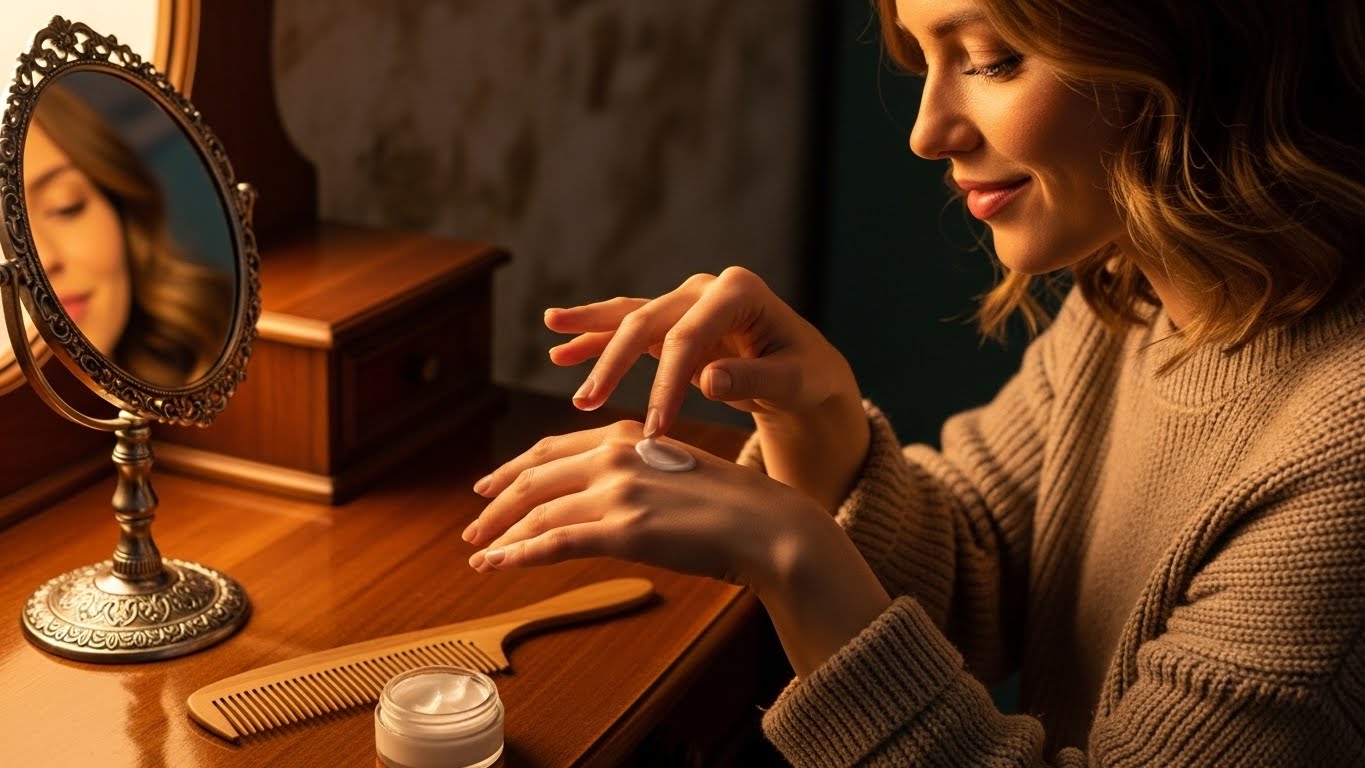 핸드크림을 바르는 손과 나무 빗 이미지