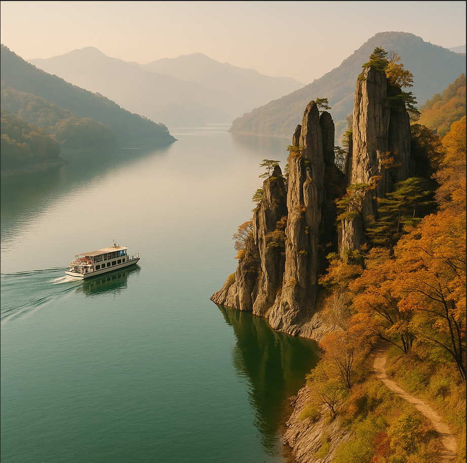 호수에 떠 있는 유람선 사진