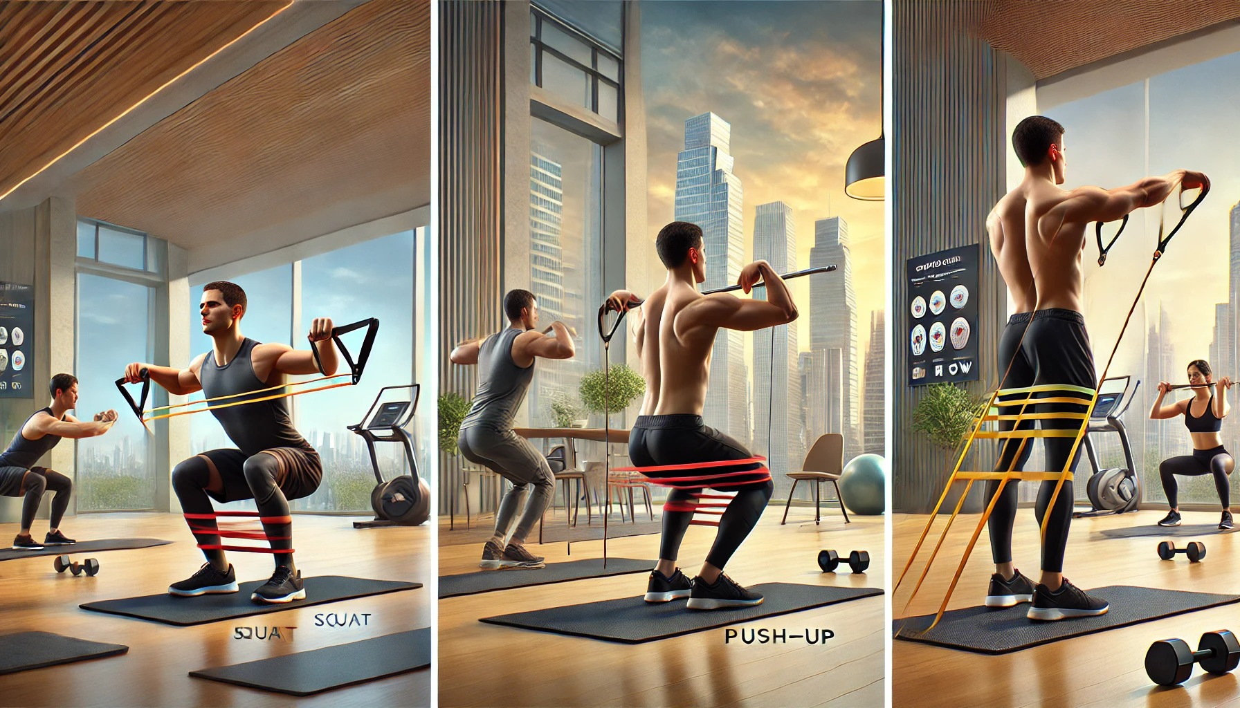 밴드 스쿼트, 푸쉬업, 로우