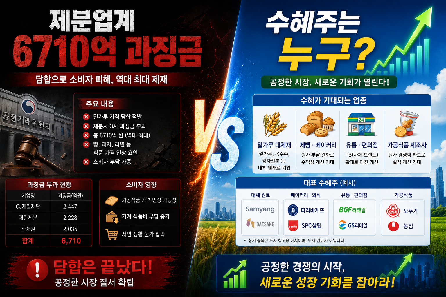6710억 과징금 부과된 제분업게와 수혜가 기대되는 업종 대비 이미지