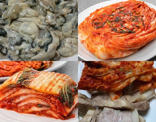 상단 좌/우측은 굴과 배추김치 반포기를 접시에 담아둔 사진이고 하단 좌/우측은 배추김치를 먹기쉽게 잘게 썰어둔 김치와 수육 사진