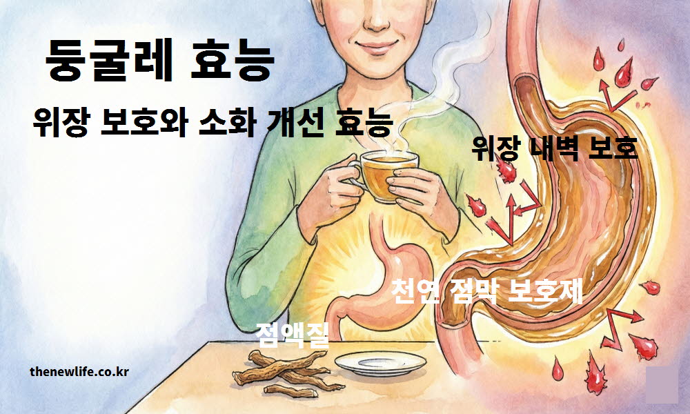 둥굴레 효능이 위장을 보호하고 소화 개선을 돕는 과정을 설명하는 이미지