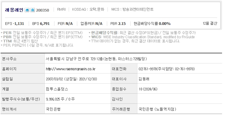래몽래인 주가 기업개요