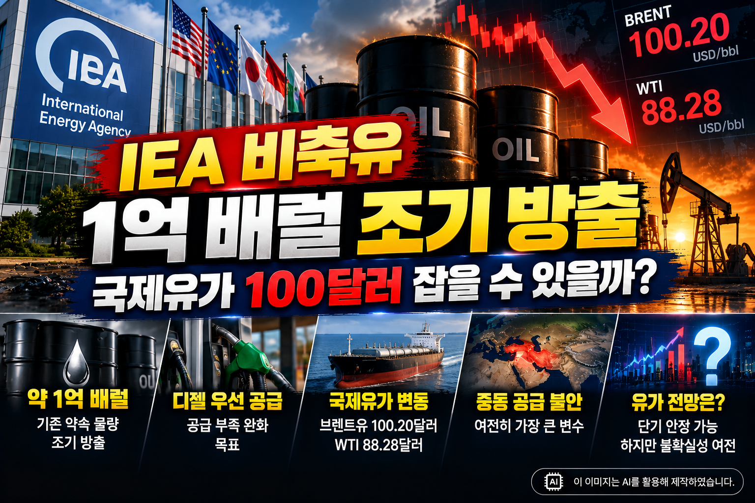 IEA 비축유 1억 배럴 조기 방출과 국제유가 100달러, 브렌트유·WTI 가격 및 유가 전망을 나타낸 이미지