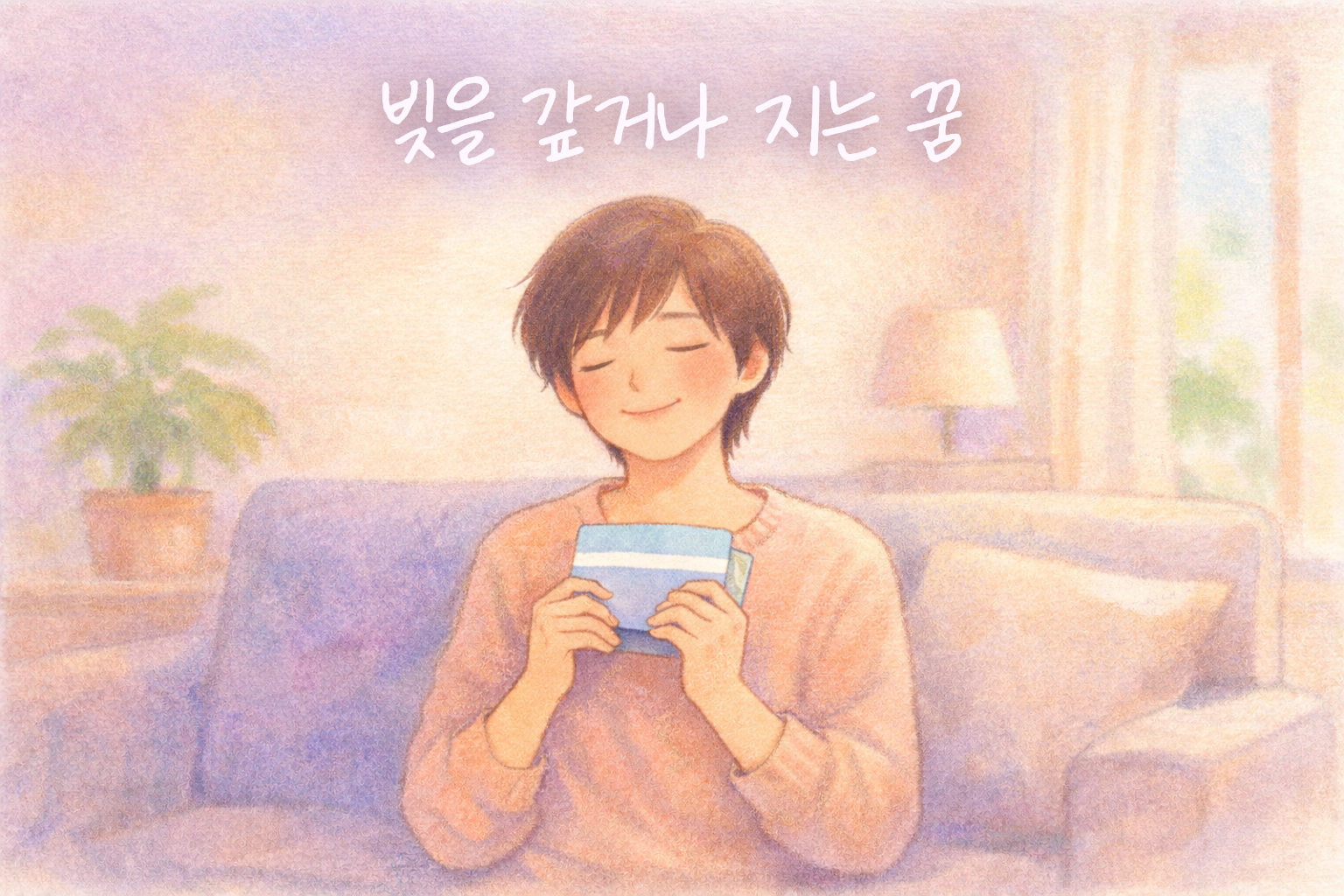 통장을 들고 빚을 다 갚아 후련해진 표정의 인물을 그린 파스텔 꿈해몽 일러스트