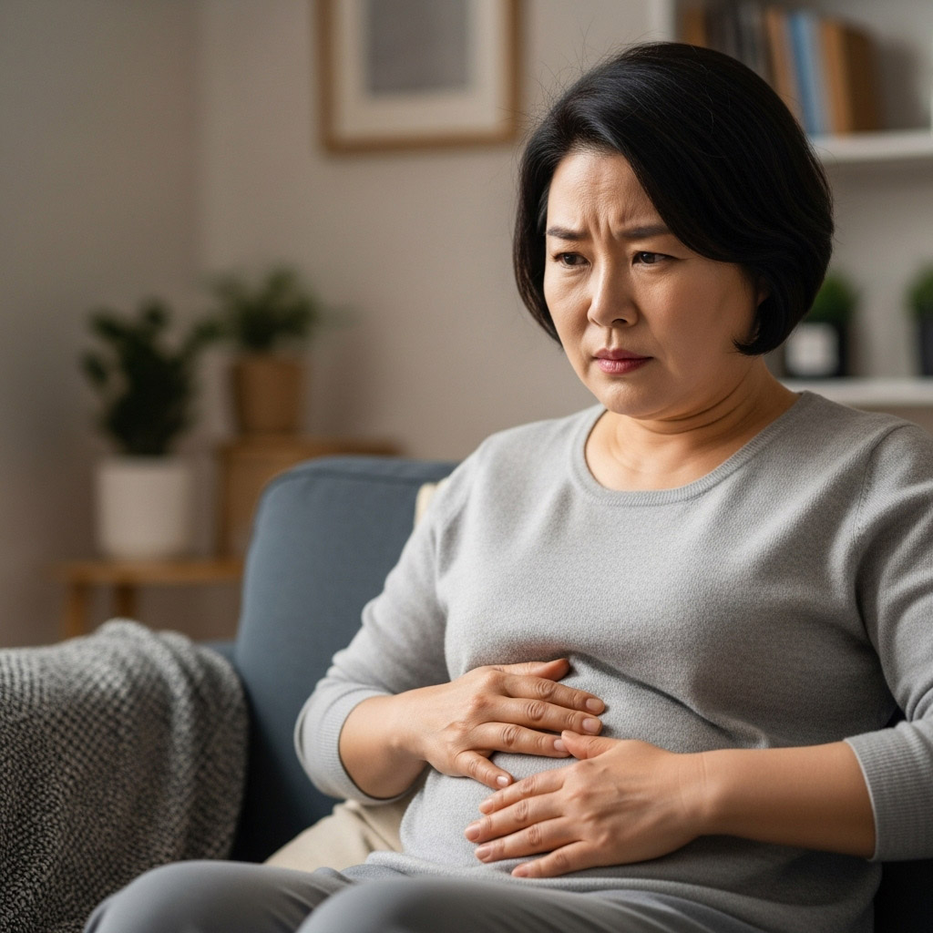 뱃살을 고민하는 50대 중년 여성의 모습