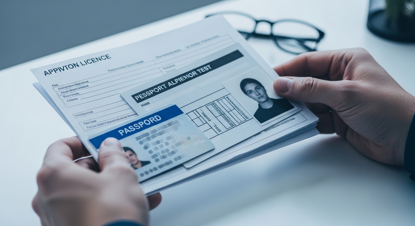 대형면허 신체검사 및 적성검사에 필요한 신분증, 사진, 서류 더미와 안경이 깨끗한 책상 위에 놓여 있는 모습