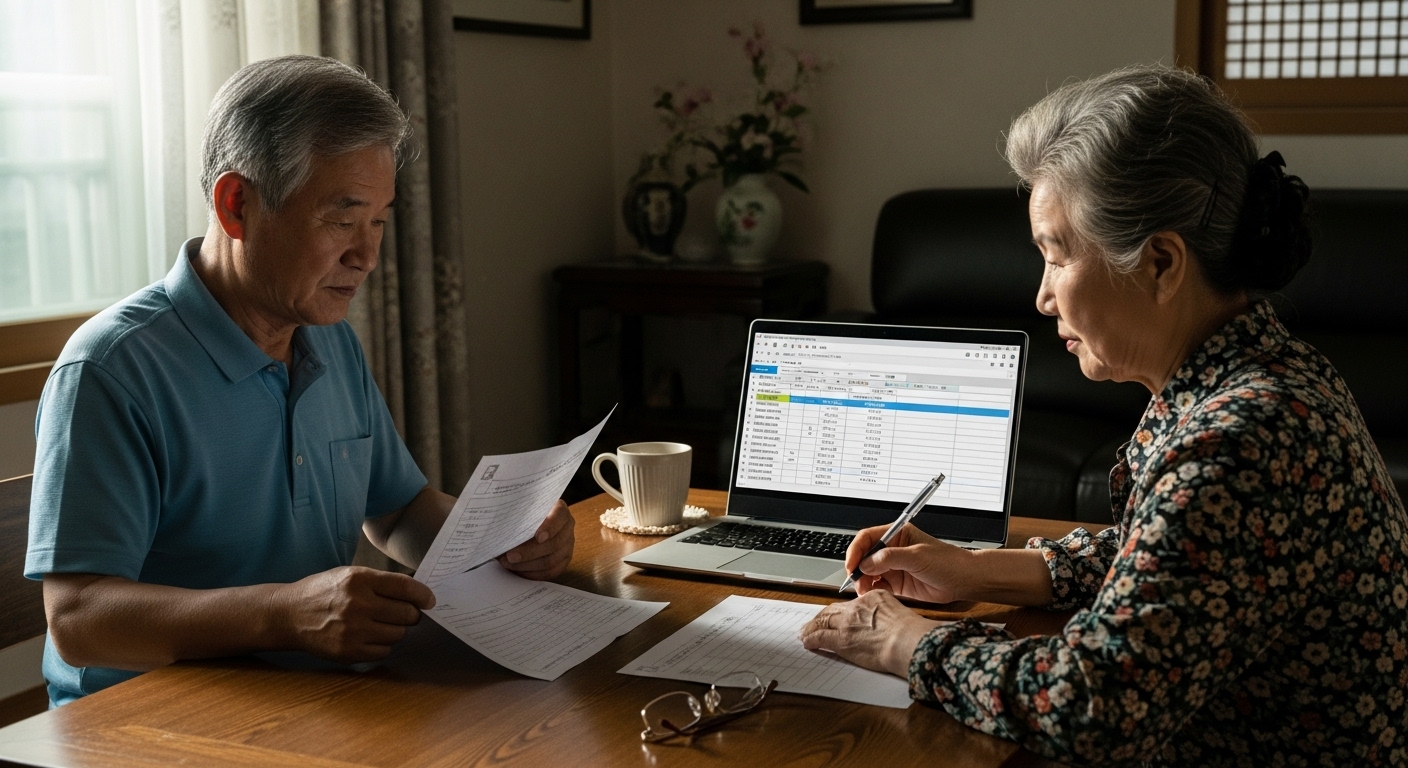 노년 부부가 검진지를 보며 스프레드시트 건강검진 기록표를 작성하는 모습