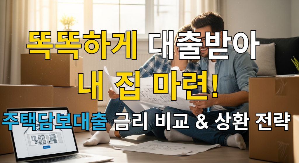 새 집 도면을 보며 미래를 계획하는 젊은 부부의 모습, 주택담보대출을 통해 내 집 마련의 꿈을 이루는 긍정적인 분위기를 나타낸다.
