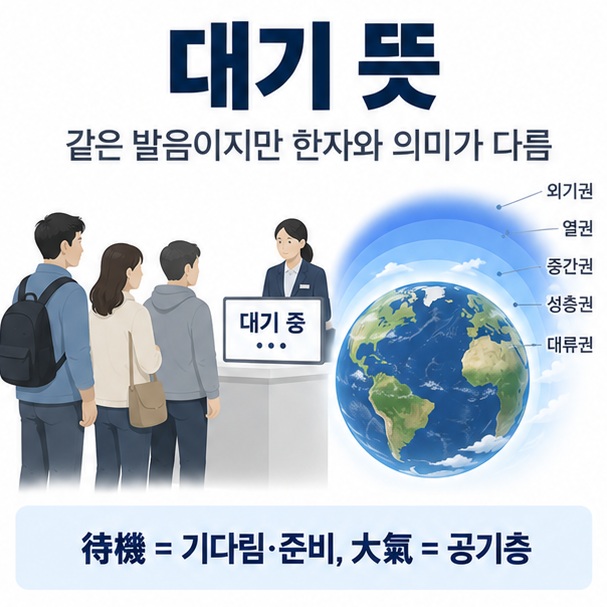 대기 뜻이라는 제목과 줄을 서서 기다리는 사람, 준비 중 표시, 지구를 둘러싼 대기층을 함께 표현한 대표 이미지