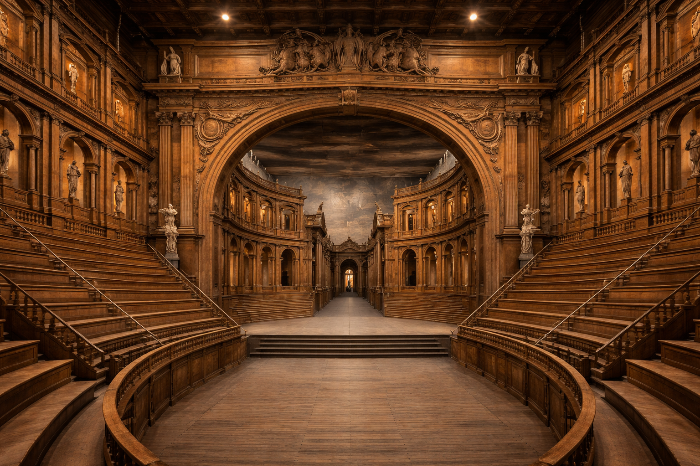 거대한 목조 프로시니엄 아치와 계단식 좌석이 보존된 이탈리아 파르마의 역사적인 파르네세 극장 내부다.