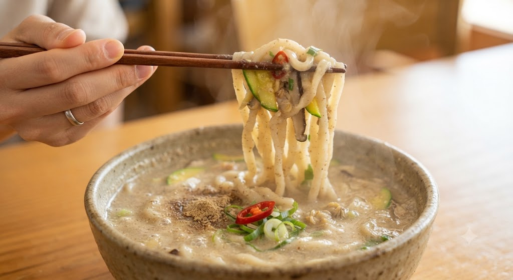 A close-up photograph capturing a steaming bowl of rich, creamy perilla seed noodle soup (deulkkae-kalguksu). A pair of chopsticks is lifting a hearty portion of thick knife-cut noodles, along with sliced zucchini and mushrooms, from the thick, savory broth. Fresh chopped green onions and a slice of red chili garnish the dish, and visible steam rises from the hot meal.