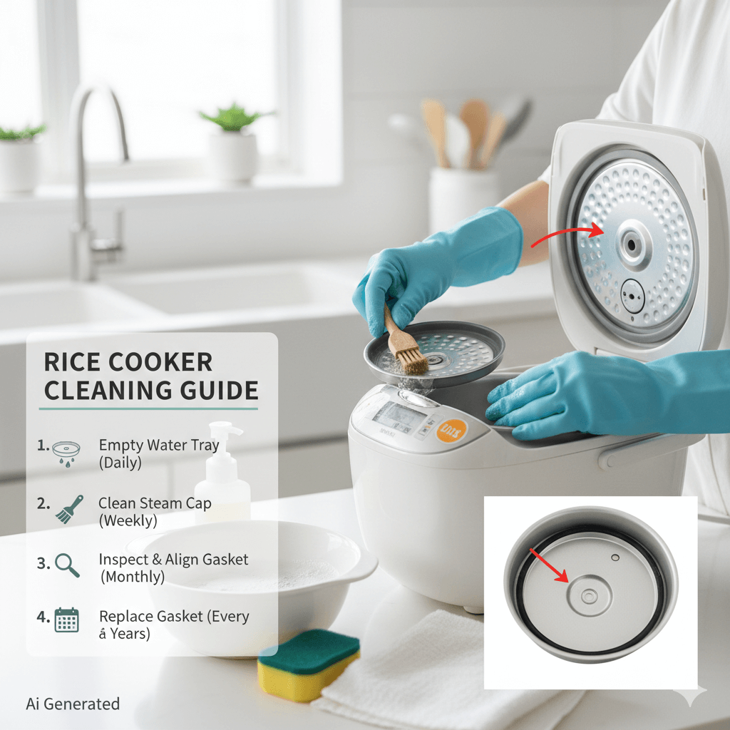 전기밥솥 쉰내 제거를 위한 4단계 청소 가이드: 물 배수 통 비우기, 스팀 캡 세척, 고무 패킹 정렬 및 교체 주기 이미지