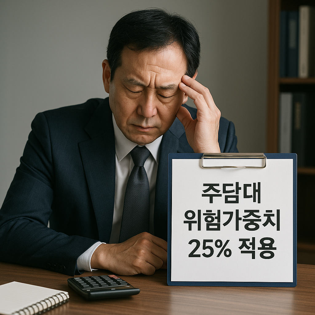 주담대 위험가중치 25% 적용&rdquo; 문구가 적힌 은행 문서 앞에서 고민하는 중년 남성