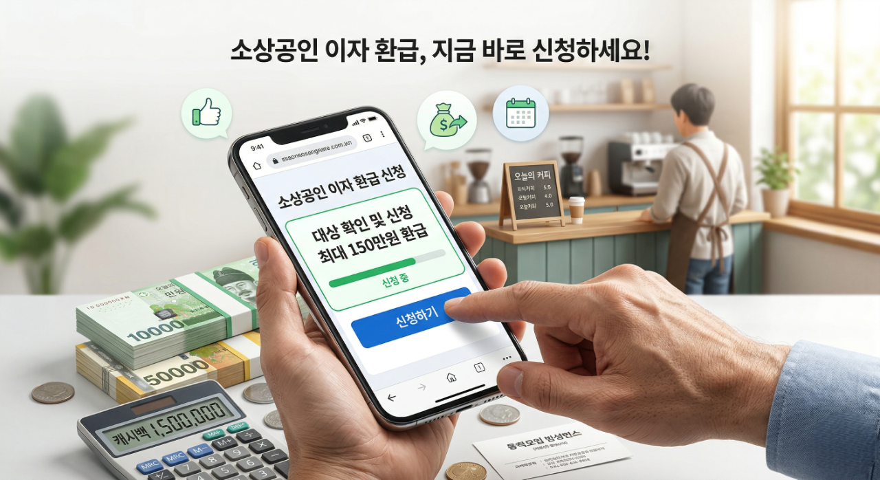 "따뜻한 카페 분위기를 배경으로, 한 소상공인이 스마트폰의 '소상공인 이자 환급 신청' 화면에서 '신청하기' 버튼을 누르고 있다. 화면에는 '최대 150만원 환급' 문구가 선명하며, 주변에는 5만원권 지폐 뭉치와 '캐시백 1,500,000'이라고 적힌 계산기가 놓여 있어 이자 캐시백 혜택을 시각적으로 보여준다."