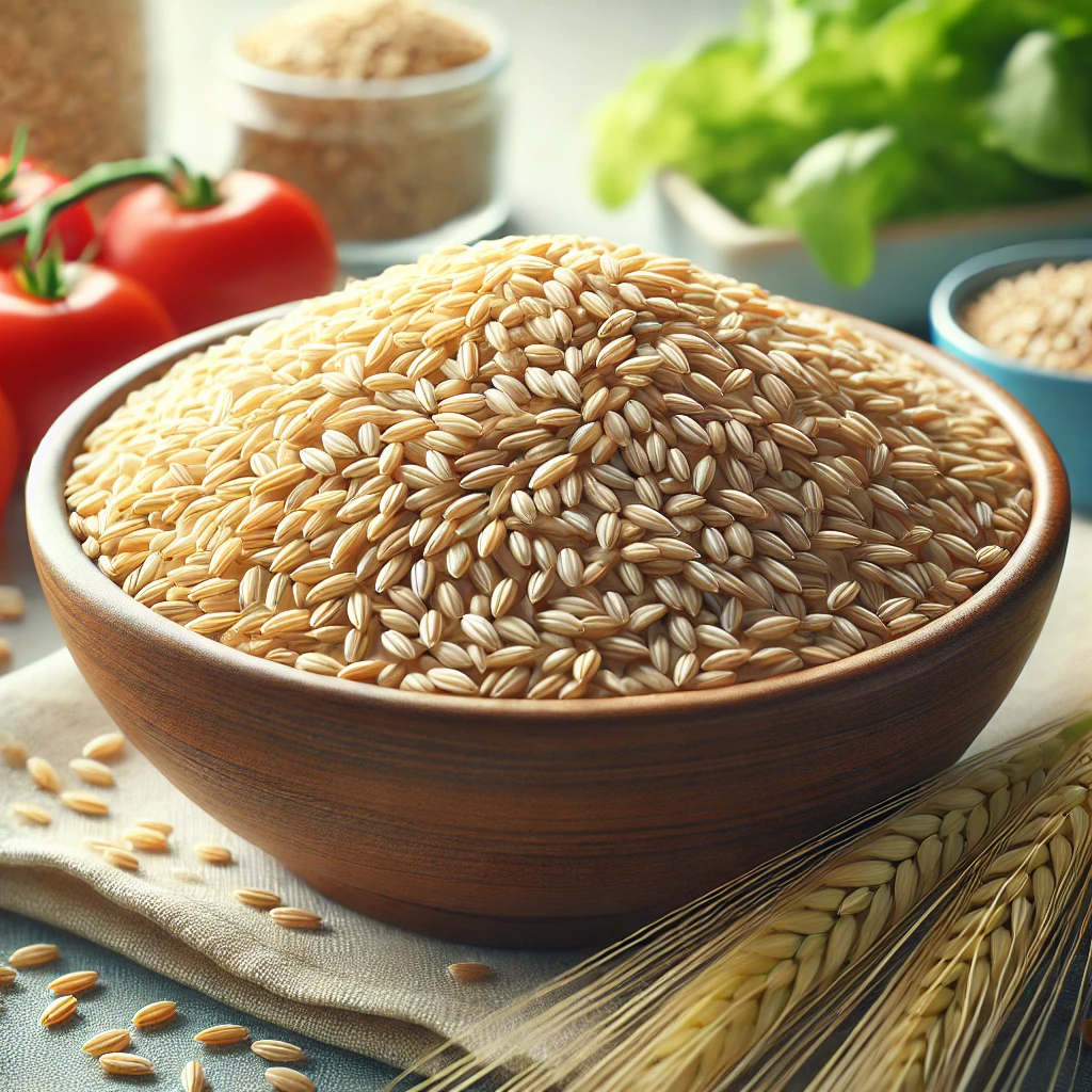 밝고 깨끗한 배경에 건강식으로 배치된 보리알들이 그릇에 담겨 있고, 주변에 신선한 채소들이 함께 놓여 있는 모습.