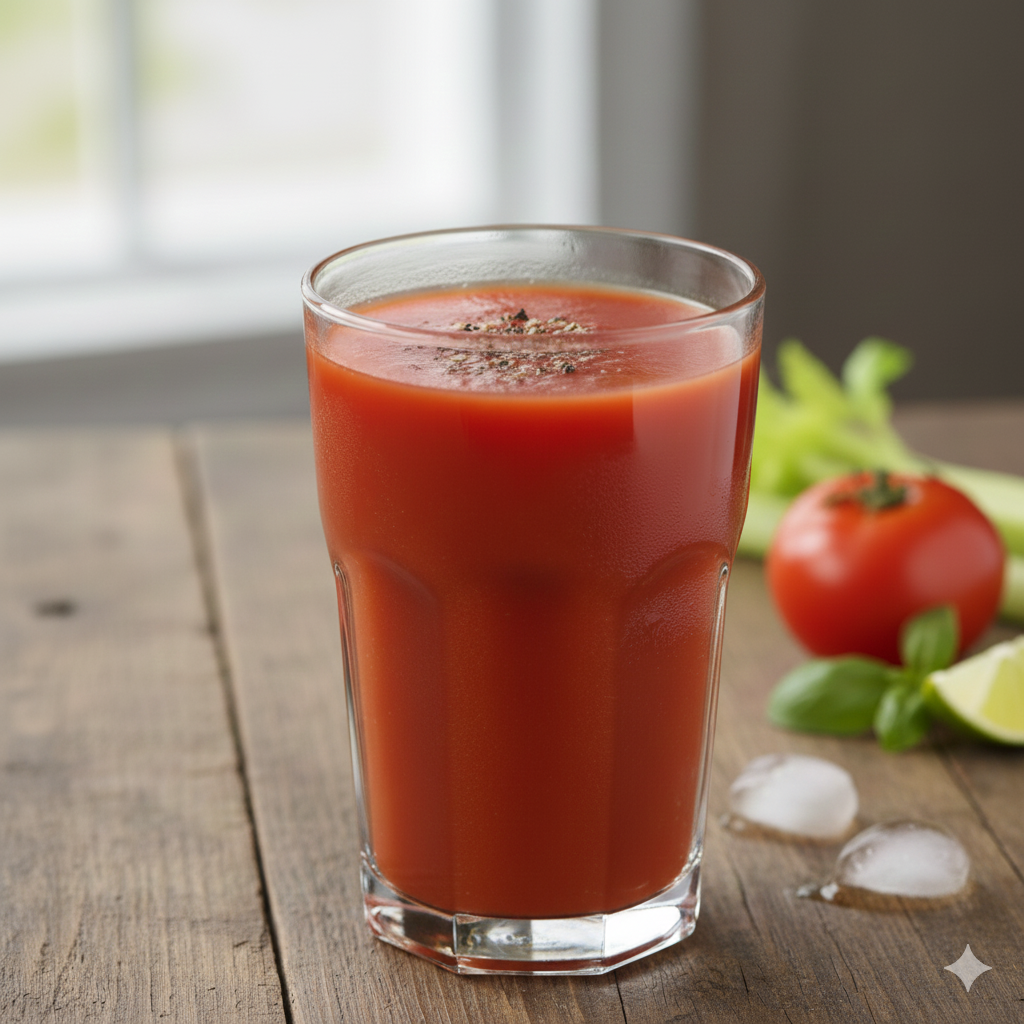 토마토를 통째로 갈아 만들어 과육이 살아있는 진하고 걸쭉한 홈메이드 토마토 주스