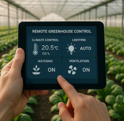 태블릿으로 온실을 원격 제어하는 모습