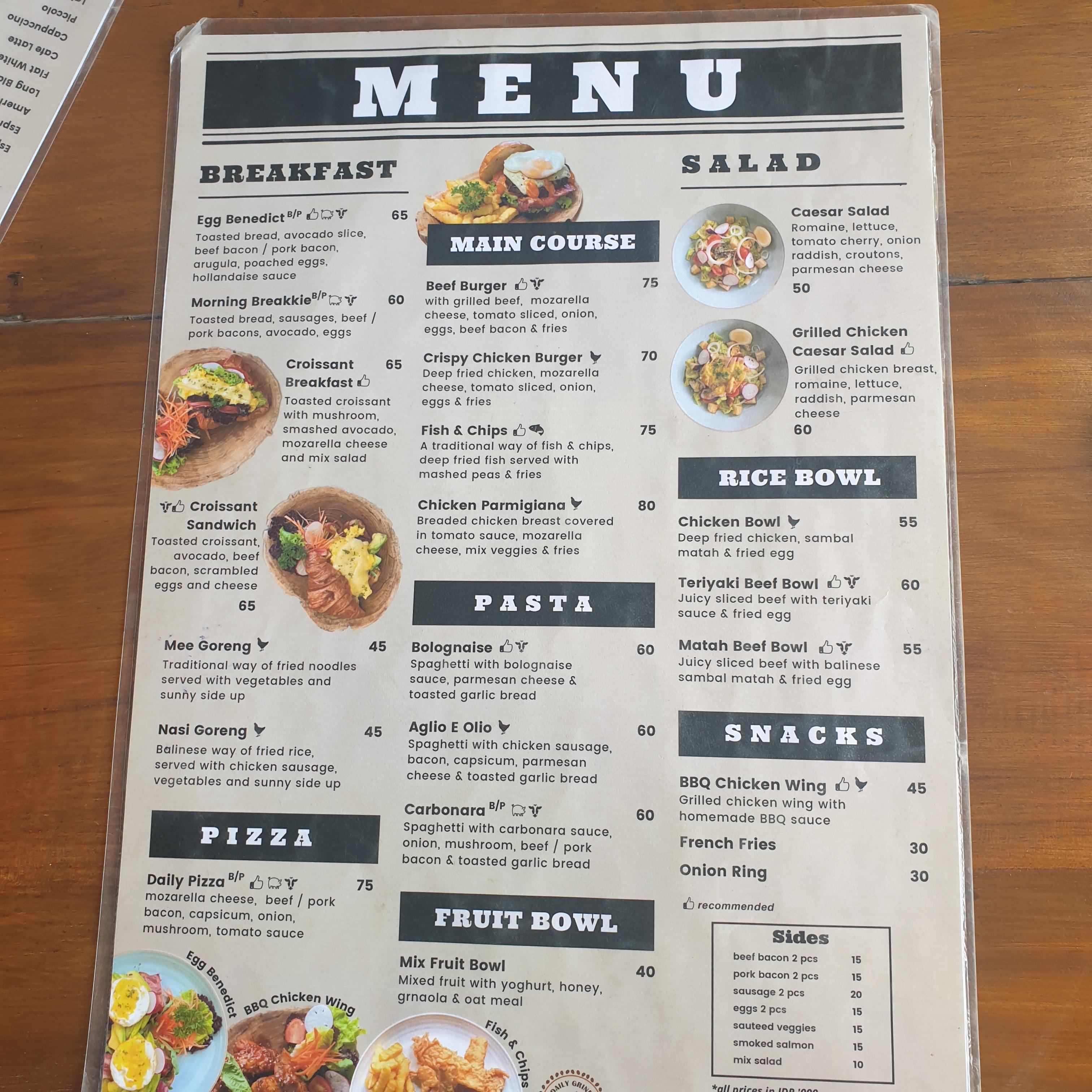 데일리 그라인드 커피(Daily Grind Coffee Shop &amp; Roastery): 발리 짱구 지역 카페 ③_메뉴판2