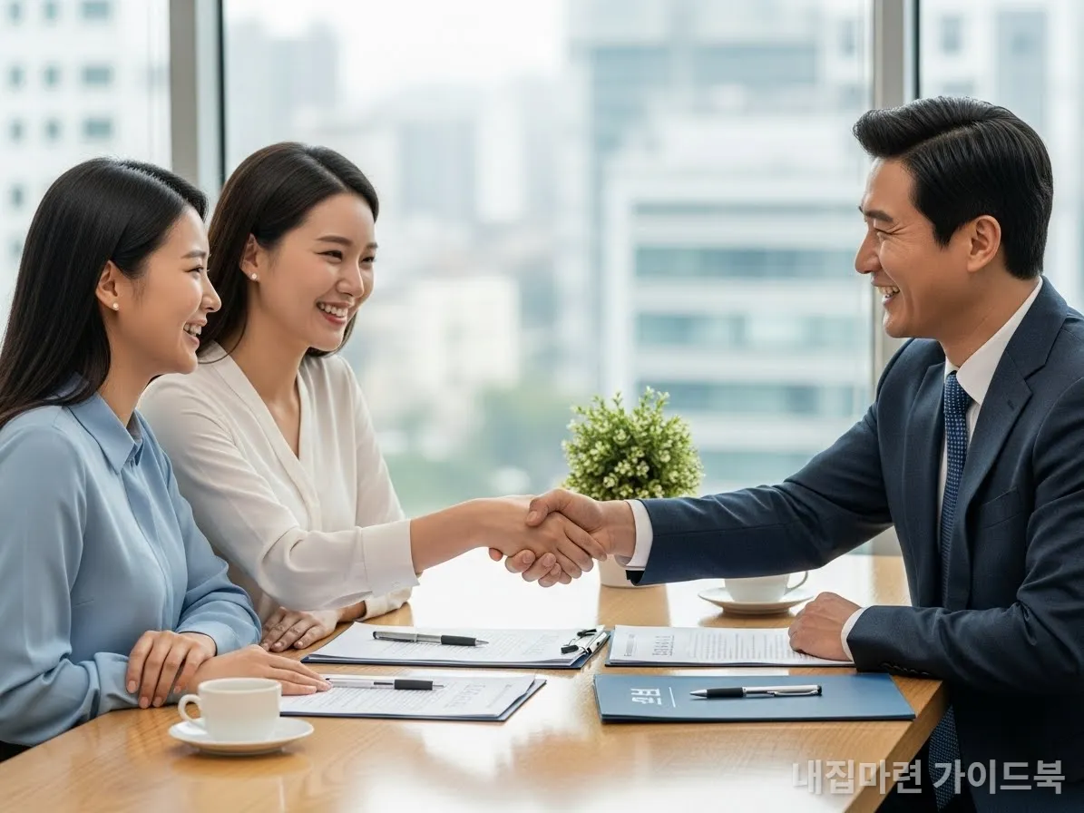 부동산 중개수수료 협상에 성공한 한국인 부부와 공인중개사