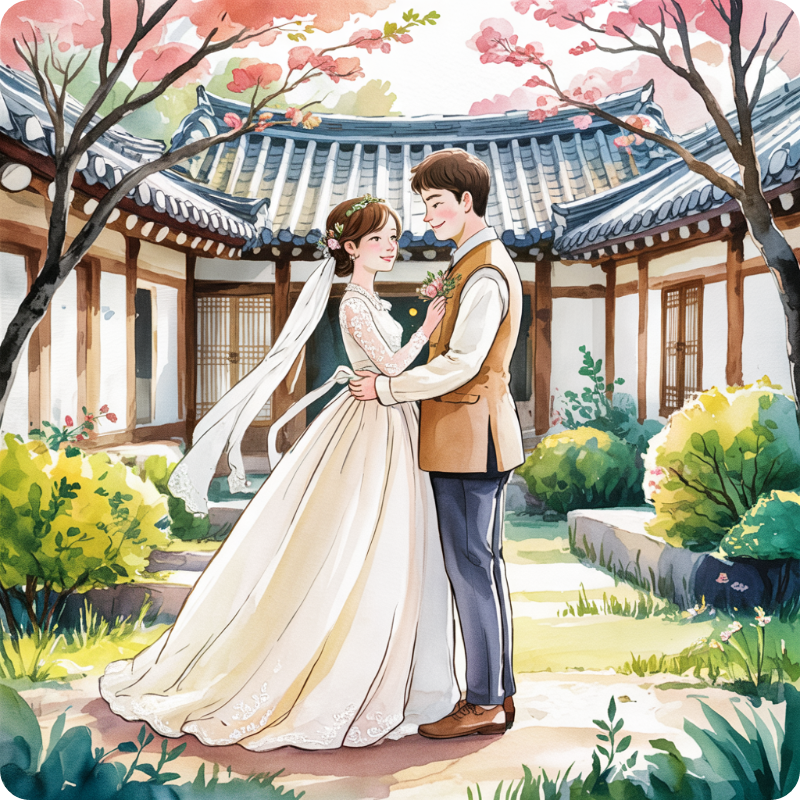 결혼식을 사진을 찍는 부부의 행복한 이미지