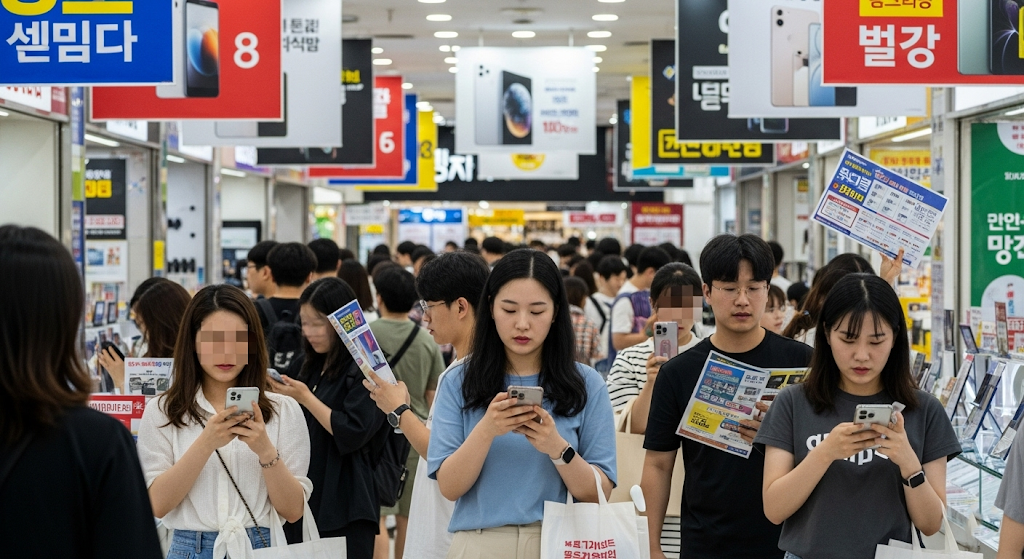 다양한 한국인들이 '휴대폰 성지'로 불리는 전자상가나 온라인몰에서 가격 비교 앱을 확인