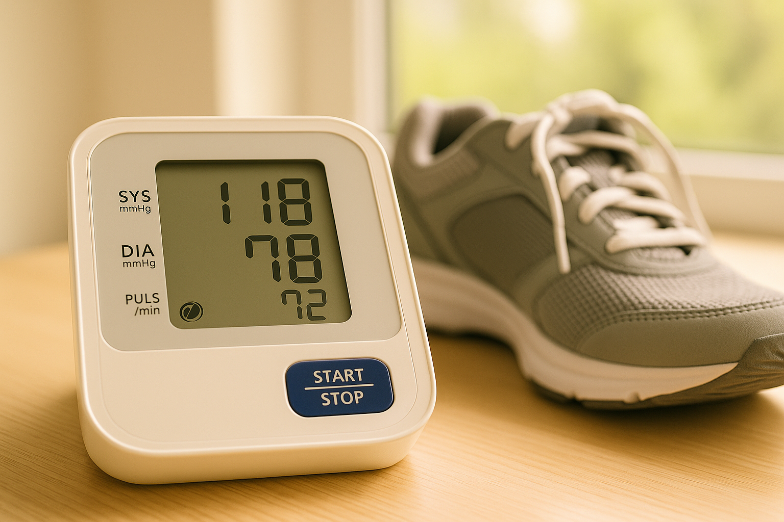 매일 아침 혈압 관리를 위해 준비한 혈압계와 걷기 운동화