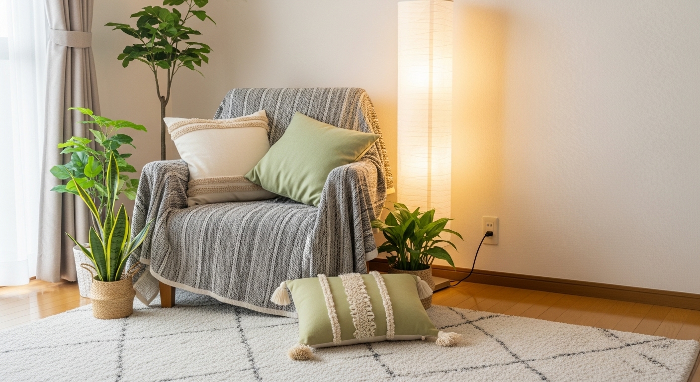 따뜻한 러그와 조명, 푸른 식물들로 아늑하게 꾸며진 전셋집 거실의 독서 공간.