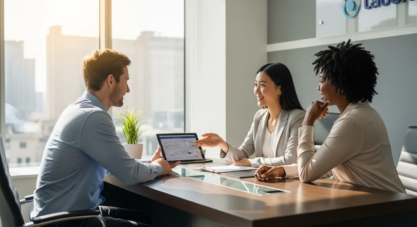 다문화가정 전문 컨설턴트와 부부가 함께 앉아 주택 구입 자금 계획을 세우며 웃는 모습
