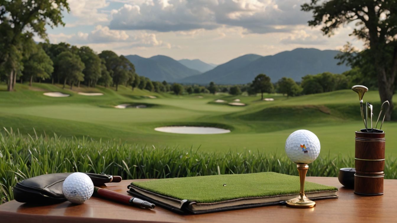 골프기본 용어에 대한 책이 놓인 책상 그리고 필기도구 아름다운골프장의 배경