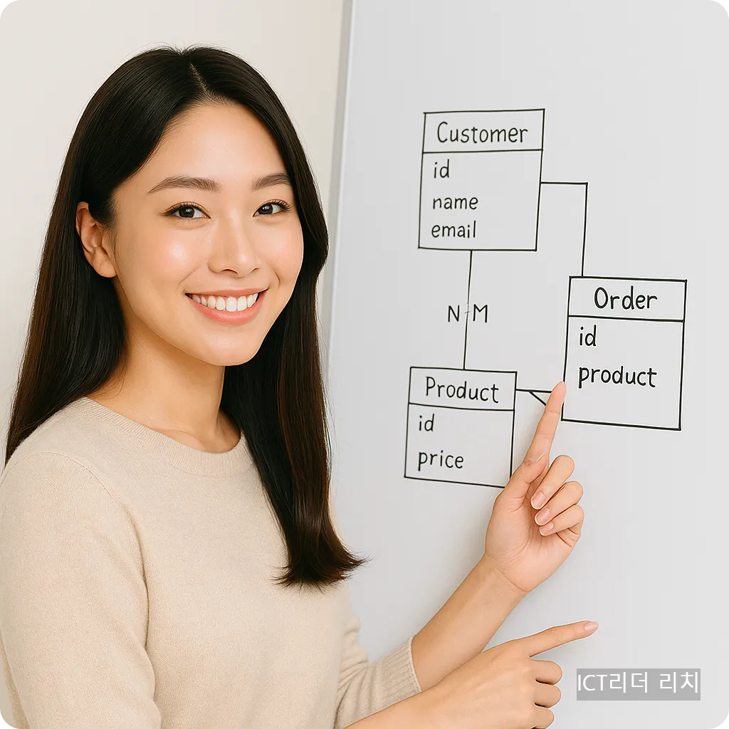 20대 여성 모델이 데이터베이스 다이어그램 앞에서 미소 지으며 설계 제스처를 취하는 고품질 대표 썸네일, PostgreSQL DB 설계 가이드