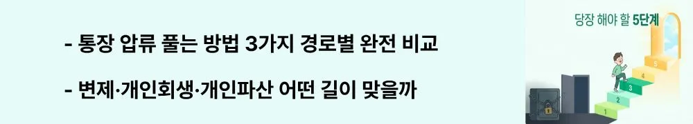 "통장 압류 풀는 방법 3가지 경로별 완전 비교 / 변제·개인회생·개인파산 어떤 길이 맞을까"라는 문구가 포함된 웹배너 이미지. 이 이미지는 채무 변제·개인회생·개인파산 등 압류 해제 경로별 특징을 시각적으로 전달하며, 블로그의 통장 압류 근본적 해결과 관련된 내용을 설명함