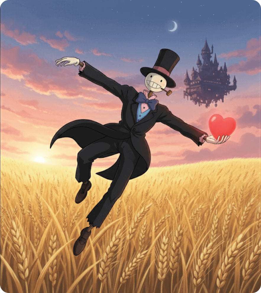 alt="하울의 움직이는 성의 허수아비가 들판에 서서 빛나는 심장을 들고 있는 일러스트"