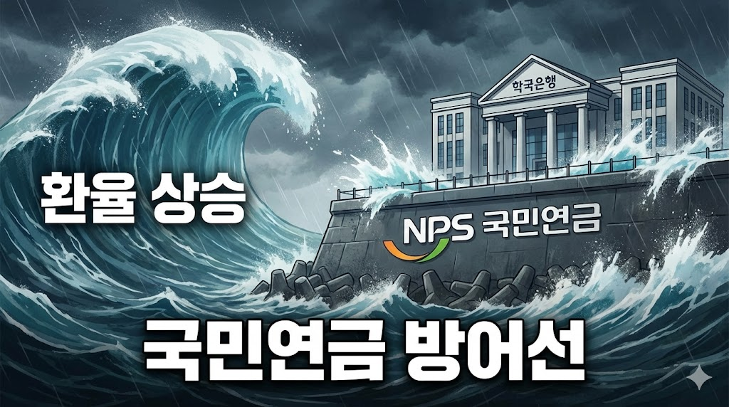 환율 급등을 막기 위해 외환 스와프 방어선을 구축한 국민연금과 외환 당국 일러스트