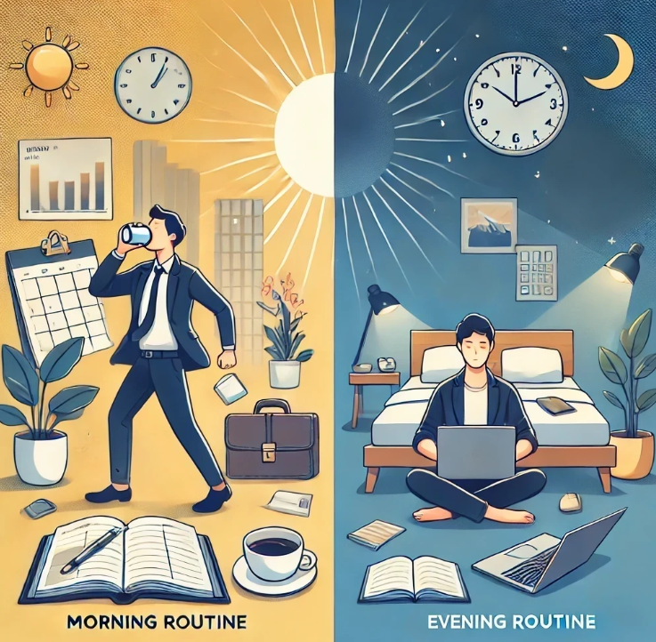 아침 루틴 vs 저녁 루틴 – 시간 관리와 자기계발을 위한 일상 습관 설계 인포그래픽