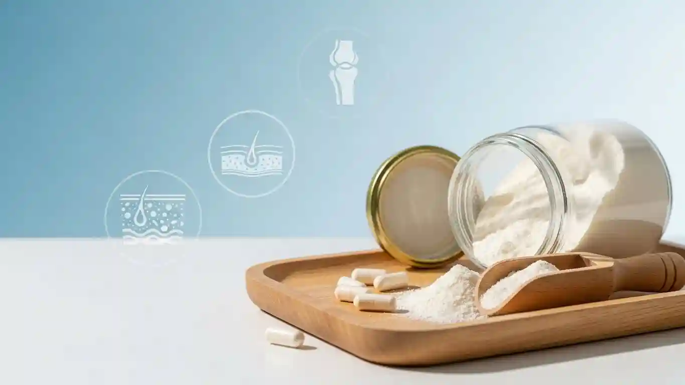 콜라겐 파우더와 캡슐, 피부·관절을 상징하는 일러스트가 함께 있는 상단 대표 이미지