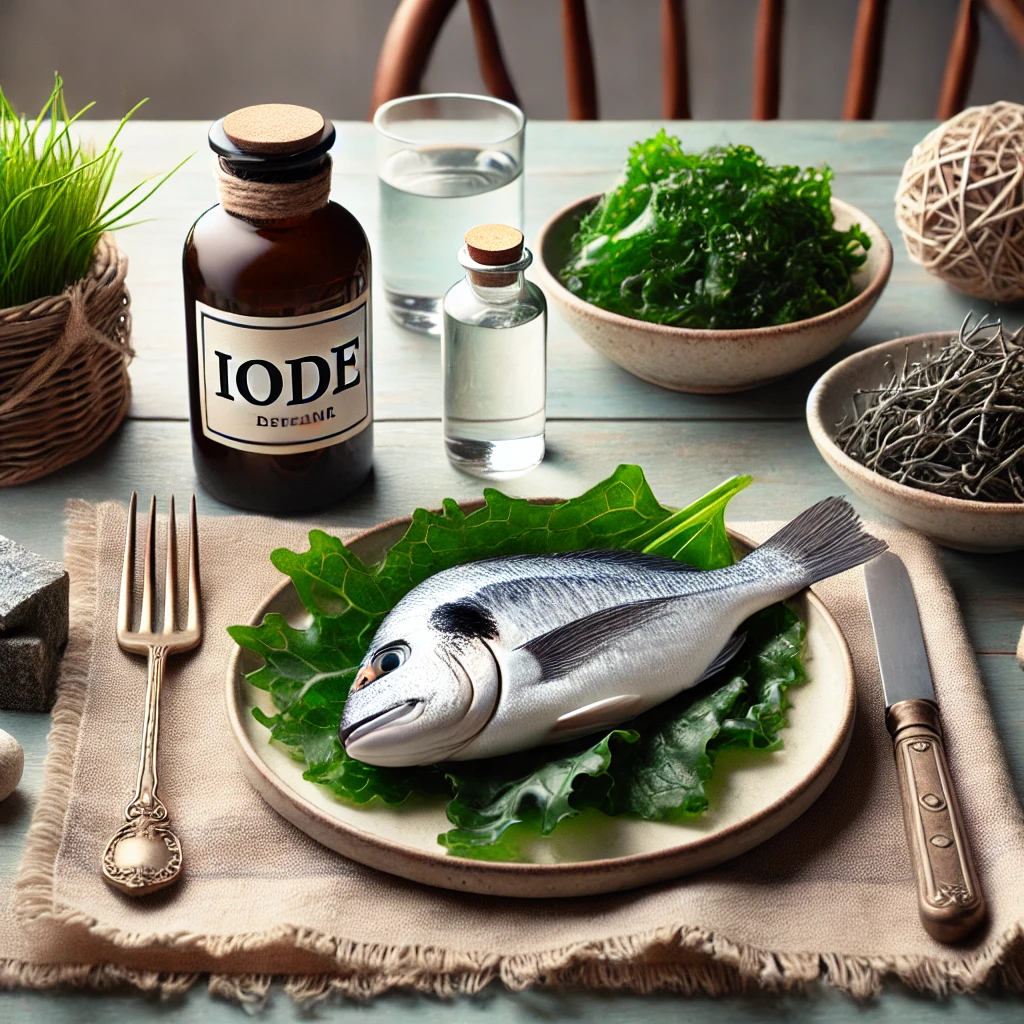 식탁 위에 놓인 미역과 다시마&amp;#44; 생선 한 토막&amp;#44; 그 곁에 놓인 요오드 표시가 있는 작은 병&amp;#44; 균형 잡힌 식단을 강조하는 정물 사진