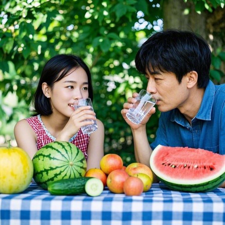 시원한 그늘 아래에서 물을 마시고 있는 사람들과 신선한 여름 과일들(수박, 오이, 참외)이 담긴 시원한 이미지. 파란색과 초록색을 기조로 한 청량감 있는 여름 건강 관리 컨셉.