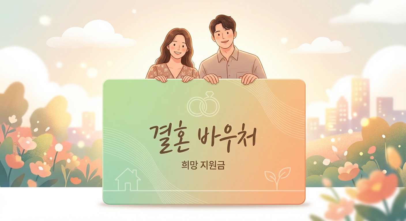 희망찬 표정의 청년 부부가 '결혼 바우처' 카드를 들고 있는 일러스트.