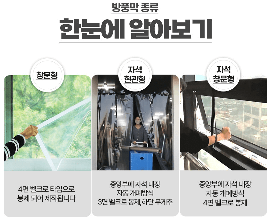 방풍 비닐 종류(창문,베란다,현관,자석식,벨크로), 설치 방법, 주문 방법, 장점