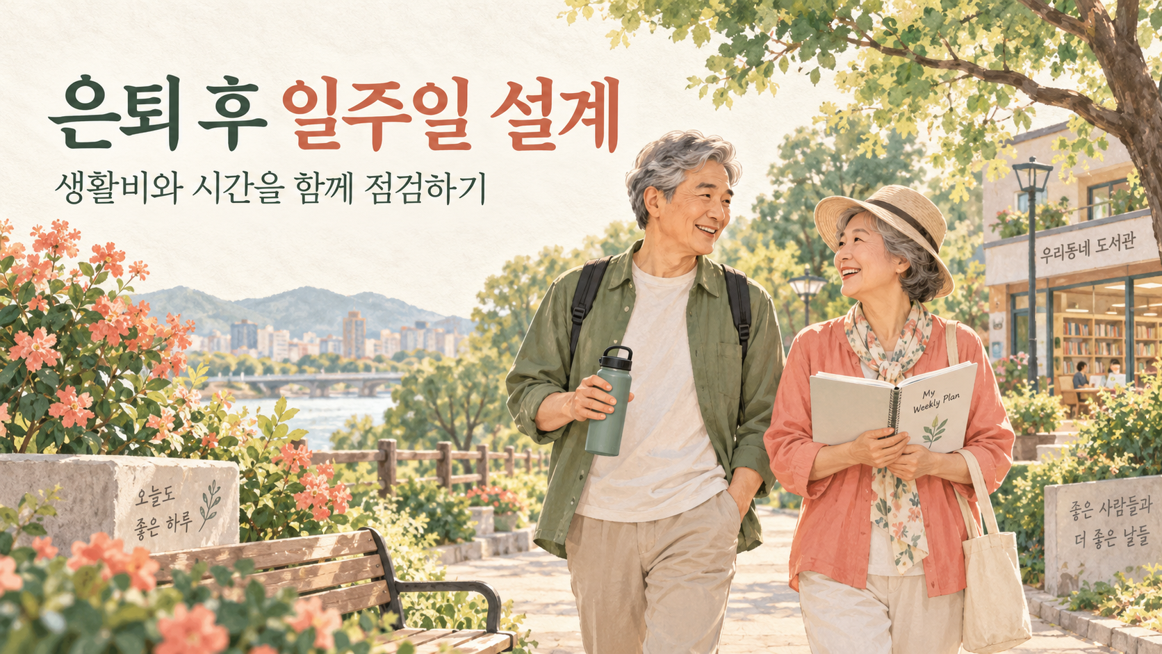 공원에서 주간 계획을 살펴보는 은퇴 부부와 생활비 및 시간 점검 대표 이미지