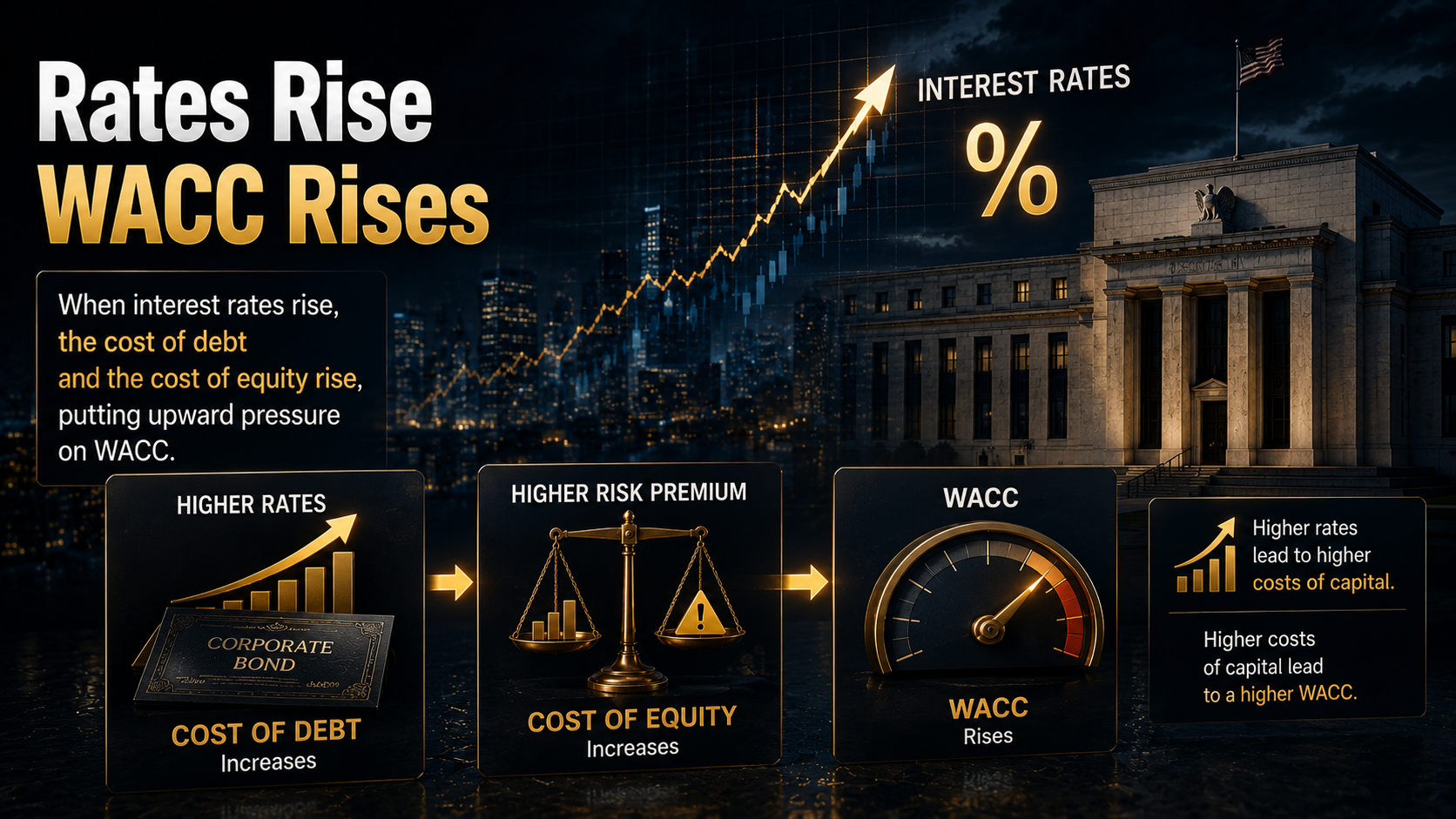 Rising interest rates increase debt cost, equity cost, and WACC
