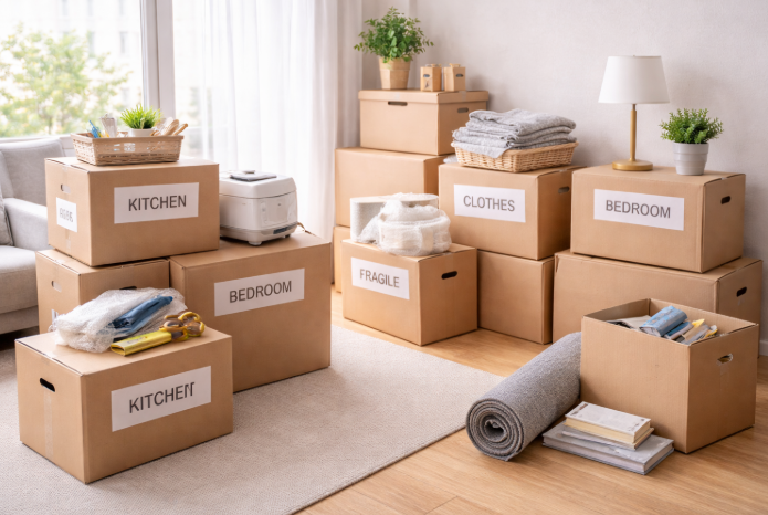 이사 전 정리된 박스와 생활 물품이 구분되어 배치된 실내 공간