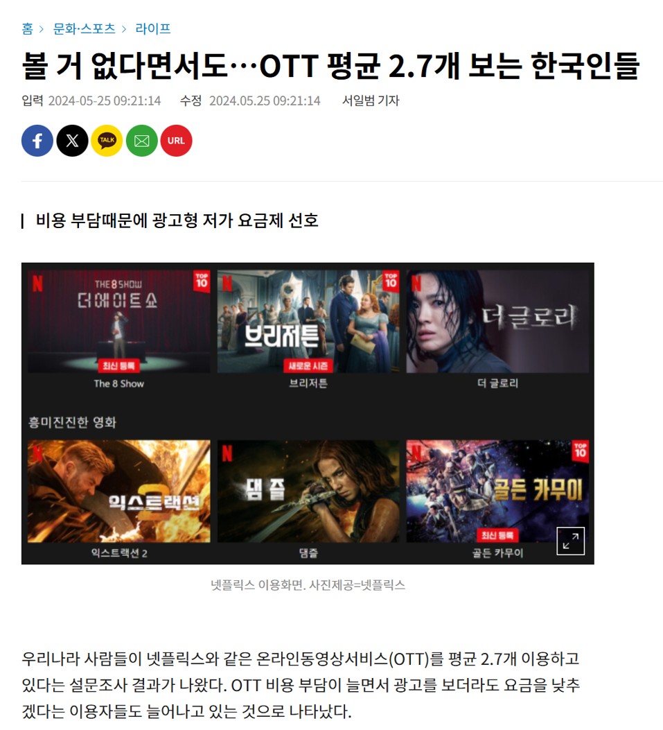 한국인 평균 OTT 구독