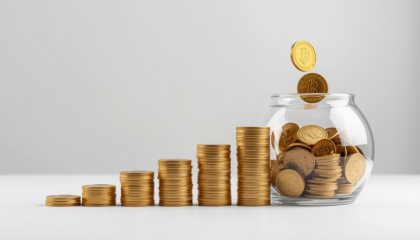 A minimalist image of digital coins falling step-by-step along a rising growth curve depicting DCA strategy.