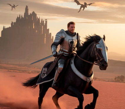 Crimson Desert epic fantasy landscape showing warrior on horseback with castle and wyverns in dramatic sunset scene representing Pearl Abyss upcoming 2025 open world RPG game