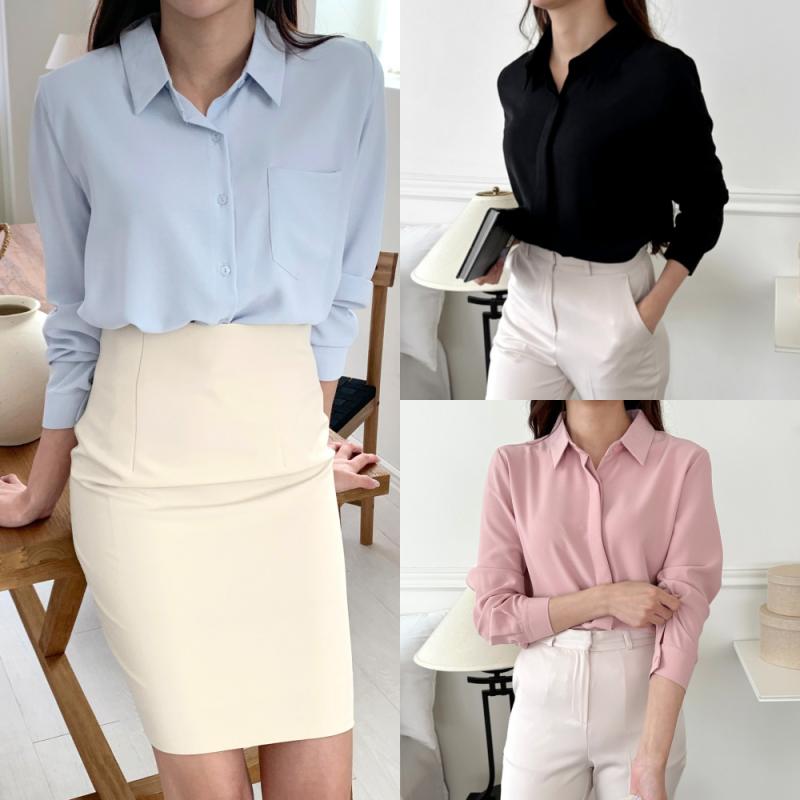 구김없는 여성 블라우스 여자 셔츠 링클프리 14컬러 히든버튼 화이트 포켓 블랙 검정